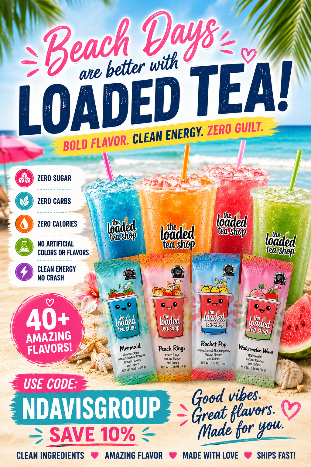 Colorful Loaded Tea Shop drinks and flavor packets at the beach